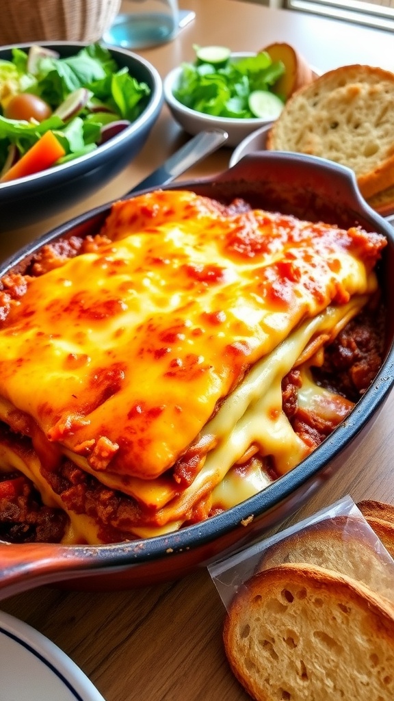 A cheesy lasagna hotdish with layers of meat sauce and melted cheese, served in a baking dish with garlic bread and salad.